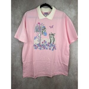 NWT 80s Day Break Pink Cat Mailbox Butterfly Garden Faux Collar Single Stitch XL